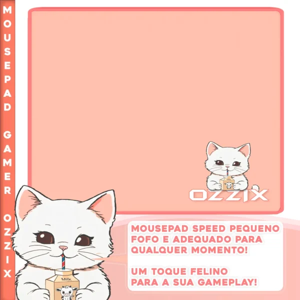 Mousepad gamer Ozzix rosa com bordas reforçadas e estampa de gatinho, design pequeno e speed para maior precisão – Ideal para setups elegantes.