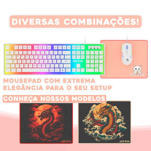 Combinação de periféricos gamer Ozzix, incluindo teclado mecânico RGB, mouse e mousepad rosa com estampa de gatinho, ideal para setups personalizáveis.