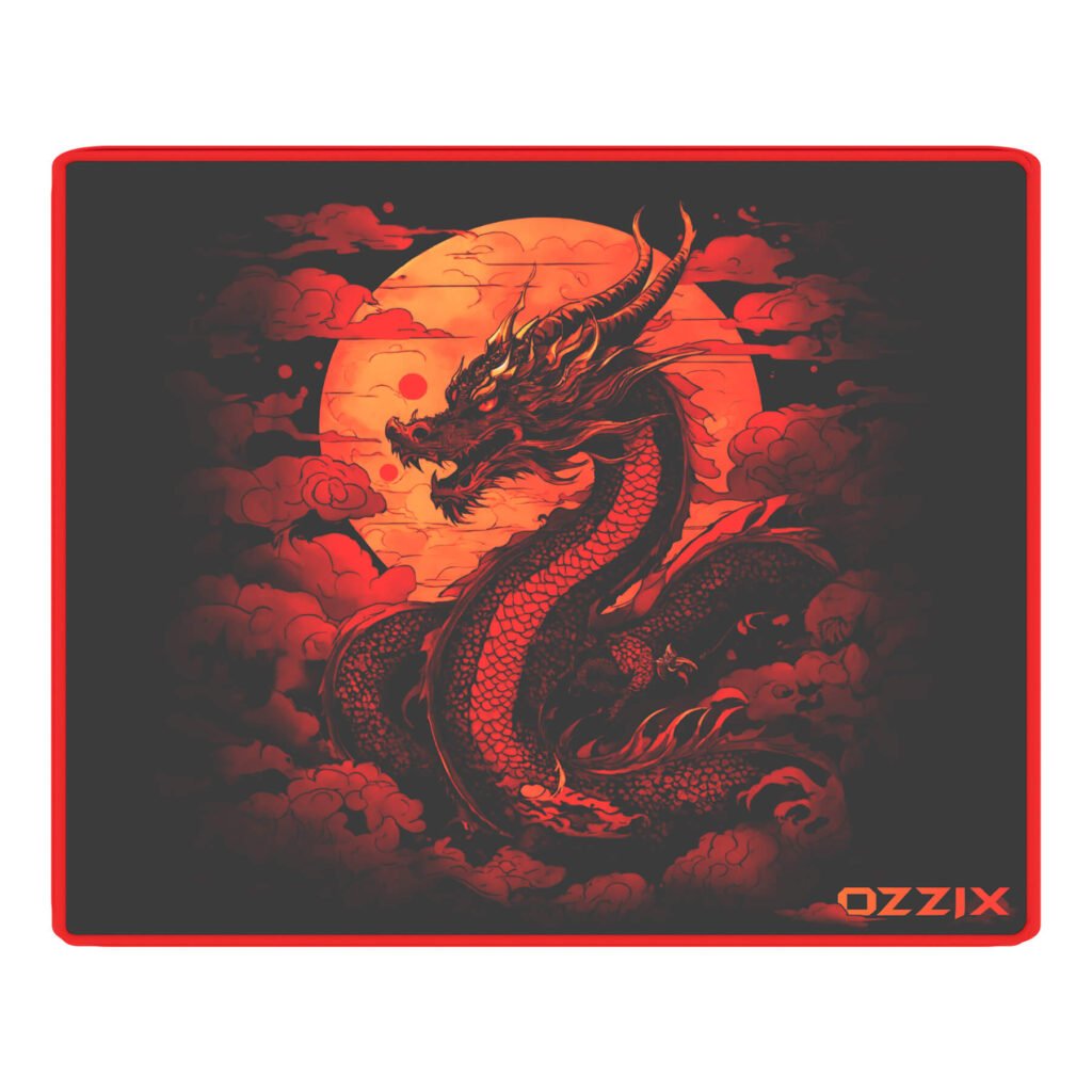 Mousepad gamer Ozzix Bloodragon com estampa de dragão vermelho sobre fundo preto e lua cheia, bordas costuradas em vermelho – Ideal para setups gamers com temática oriental.