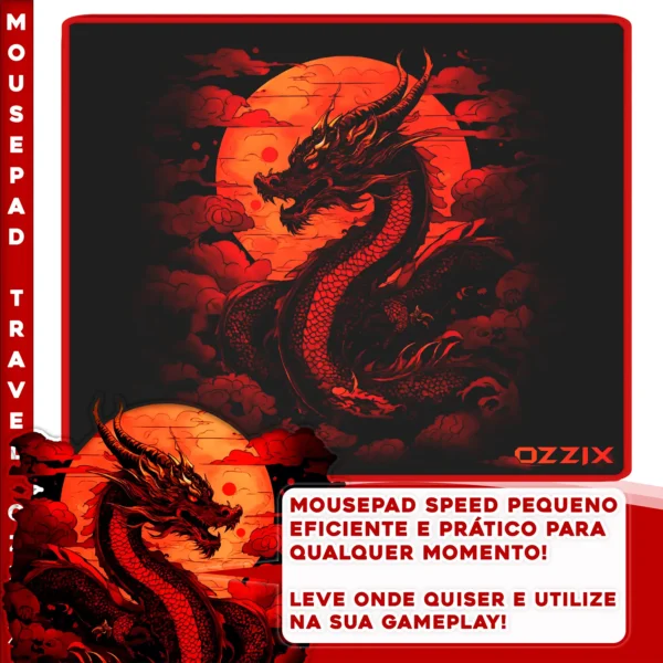 Mousepad gamer Ozzix Bloodragon pequeno e portátil com estampa de dragão vermelho, ideal para setups rápidos e práticos para qualquer momento de gameplay.