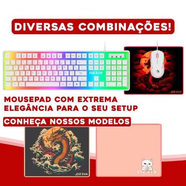 Combinação de periféricos gamer Ozzix com teclado RGB e mousepad Bloodragon – Estilo e desempenho elevados para setups personalizáveis com tema de dragão.