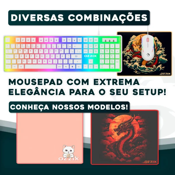 Combinação de periféricos Ozzix com teclado RGB e mousepad Thunderdragon – Elegância e precisão para setups personalizados de gamers.