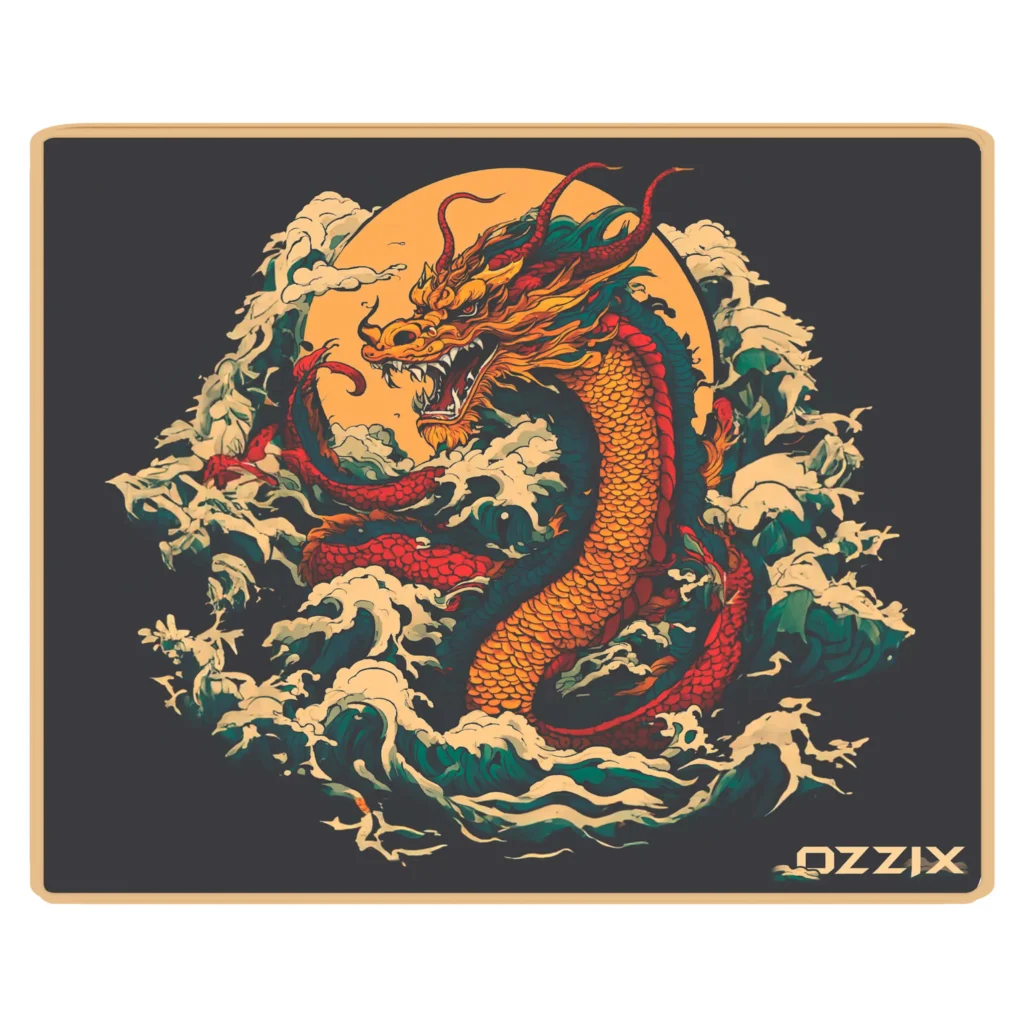 Mousepad gamer Speed Thunderdragon Ozzix com estampa de dragão amarelo em ondas, bordas reforçadas – Design impactante para setups gamers focados em estilo e desempenho.