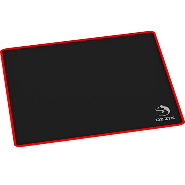 Mousepad gamer Ozzix preto com bordas vermelhas e logo de lobo branco – Superfície speed ideal para alta performance em jogos.