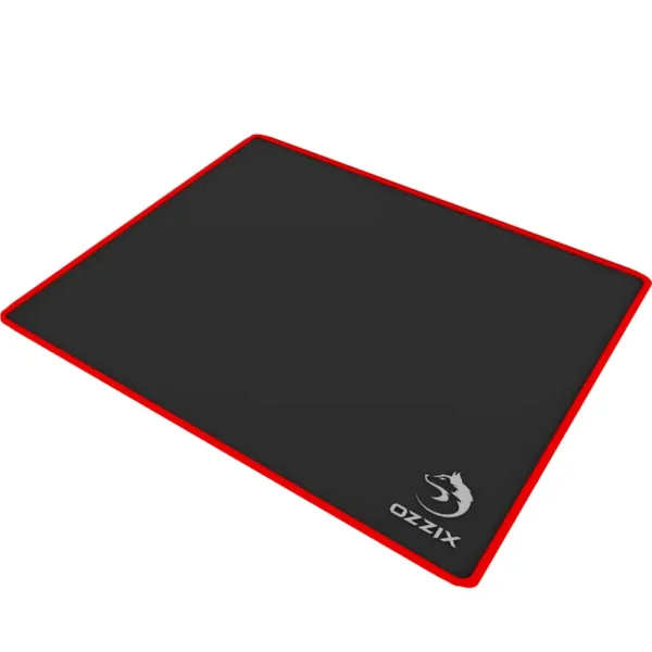 Mousepad gamer Ozzix com bordas vermelhas reforçadas e superfície preta – Alta durabilidade e precisão para setups gamers.