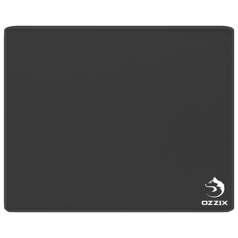 Mouse pad gamer Ozzix preto com logo de lobo branco, bordas costuradas – Superfície antiderrapante para maior controle.