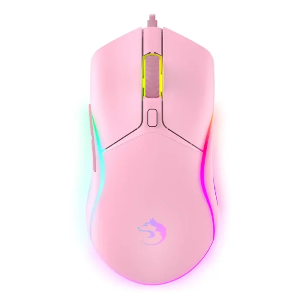 Imagem mostrando o mouse Ozzix Fade Pink Edition visto de cima em fundo branco, com iluminação RGB lateral e logo da marca visível, com o objetivo de apresentar o design do produto de forma clara e técnica para loja virtual.