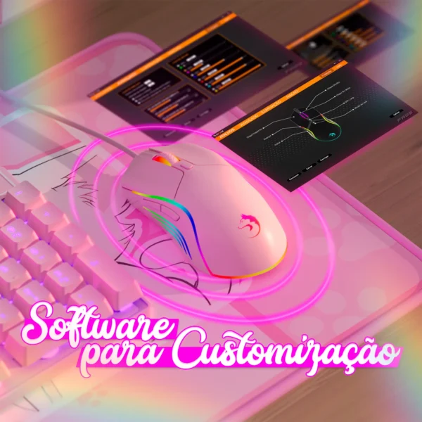 Imagem mostrando o mouse Ozzix Fade Pink Edition com destaque para a tela do software de customização aberta no monitor, com o objetivo de apresentar as opções de configuração do produto em material de divulgação online.