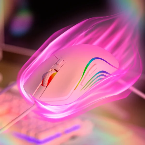 Imagem mostrando o mouse gamer Ozzix Fade Pink Edition envolto por efeito visual rosa neon, com o objetivo de transmitir velocidade e estilo em campanha visual para redes sociais e anúncios digitais.