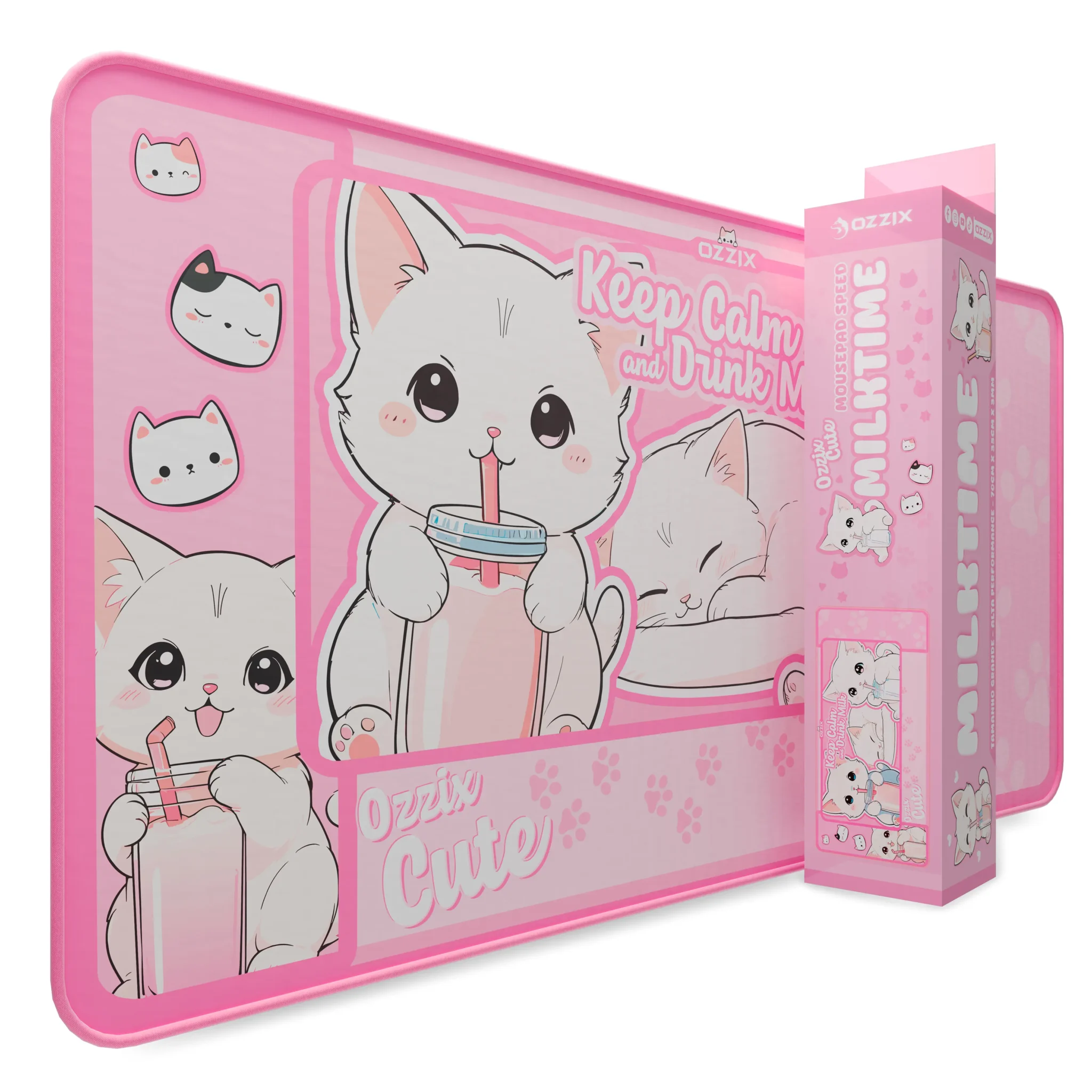 Mousepad Gatinhos Milktime Ozzix Cute rosa com estampa de gatinho kawaii, design fofo em tons pastel, superfície speed e embalagem original ao lado